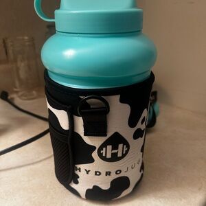 HydroJug in Aqua and cow print sleeve